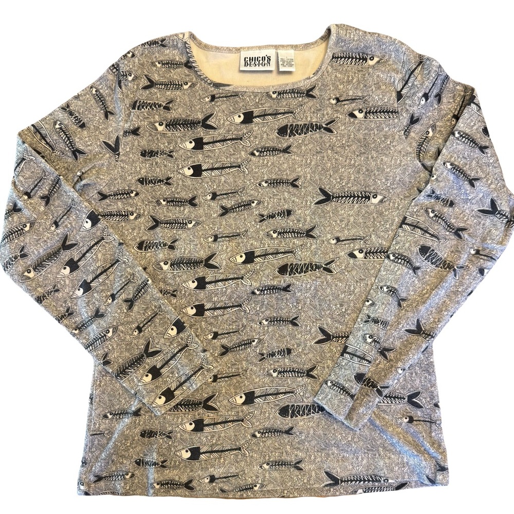 Vintage Chico’s Fishwife Gray Fish Pattern Long Sleeve Shirt Size 1